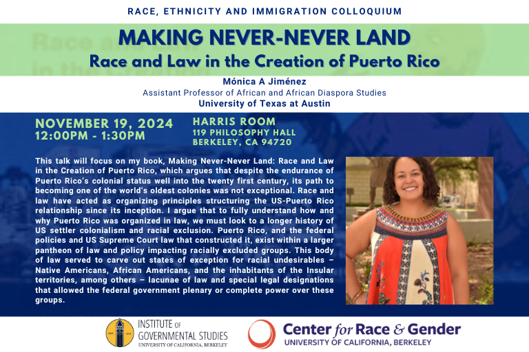 REI - November 19 2024 Monica Jimenez graphic; 12pm-1:30pm; 119 Philosophy Hall, Berkeley, CA.