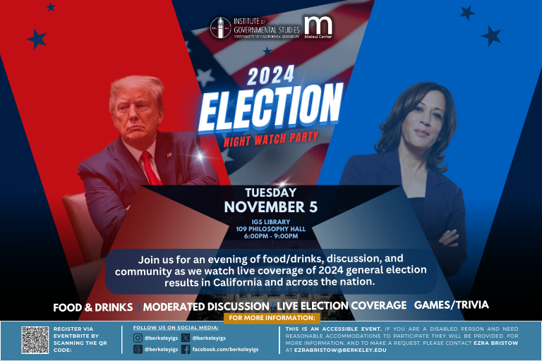 2024 IGS General Election Night Watch Party; Tuesday, November 5, IGS Library, 109 Philosophy Hall, Berkeley, CA