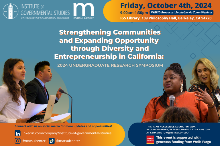 2024 Diversity & Entrepreneurship Undergraduate Research Symposium; Friday, Oct. 4, 2024; 9am-1:30pm; 109 Philosophy Hall, Berkeley, CA.