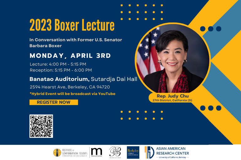 photo a banner advertising the 2023 Barbara Boxer lecture with Rep. Judy Chu