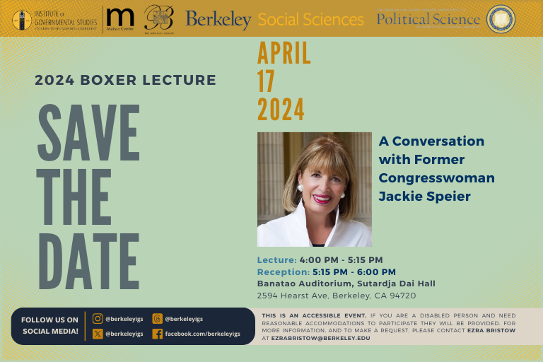 Event graphic: 2024 Boxer Lecture - Politics is Personal with Representative Jackie Speier