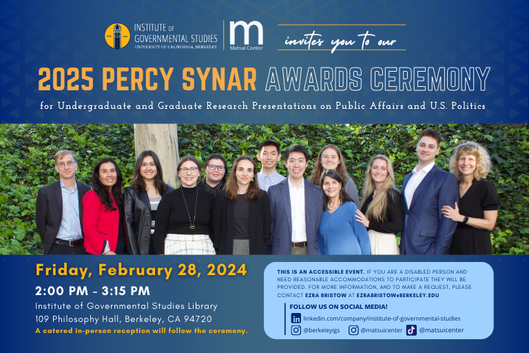 2025-2-28 Event graphic: 2025 Percy/Synar Awards; Friday, February 28; 109 Philosophy Hall, Berkeley, CA