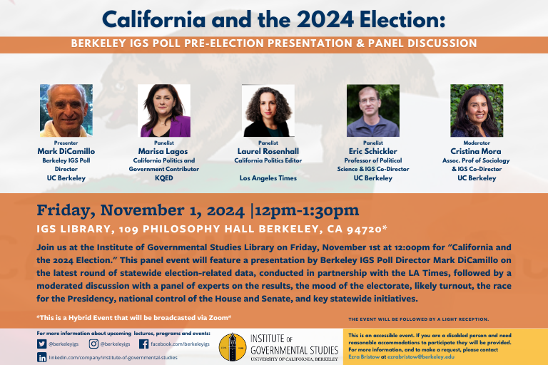 California and the 2024 Election IGS Poll Pre-election Panel graphic; Fri. Nov. 1, 2024; 12pm-1:30pm; IGS Library; 109 Philsophy Hall, Berkeley, CA.
