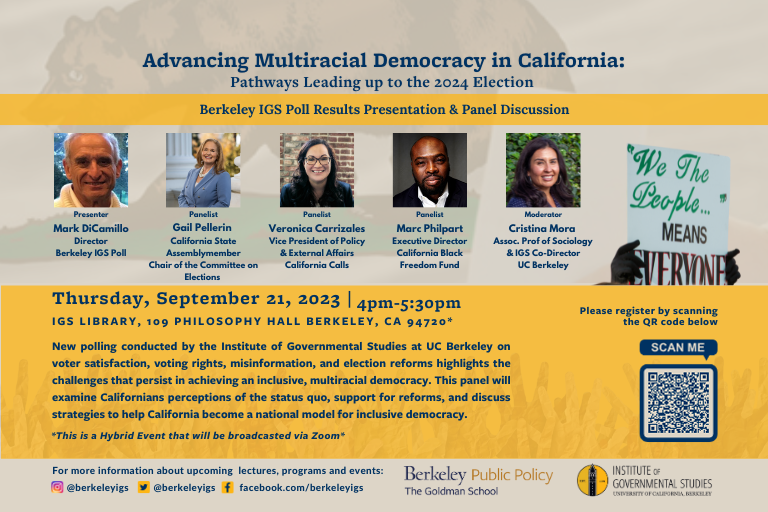 Flyer advertising Berkeley IGS poll panel event and pictures of the four panelists and 1 moderator