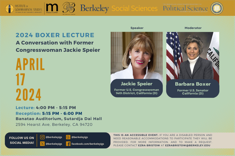 Event graphic: 2024 Boxer Lecture - Politics is Personal with Representative Jackie Speier