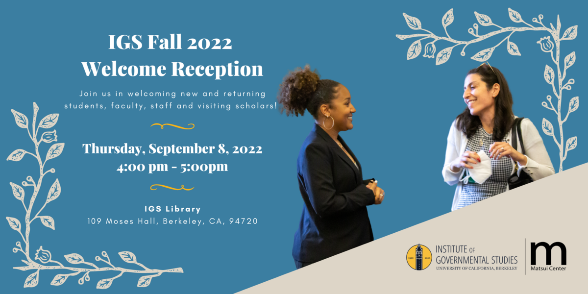 Image text reads: Header: IGS Fall 2022 Welcome Reception; subtitle: Thursday, September 8, 2022,