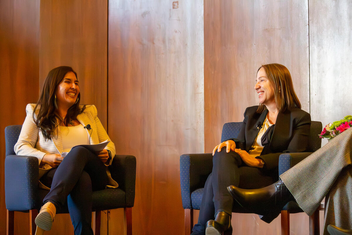 Cristina Mora (seated left) speaks with CA Lieutenant Governor Eleni Kounalakis during a lecture at UC Berkeley