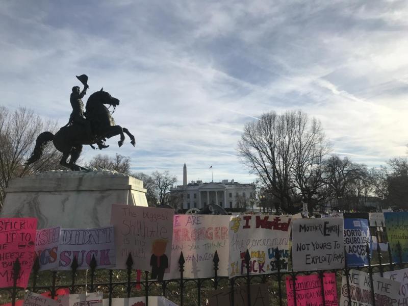 picture of protest signs in front of the White House