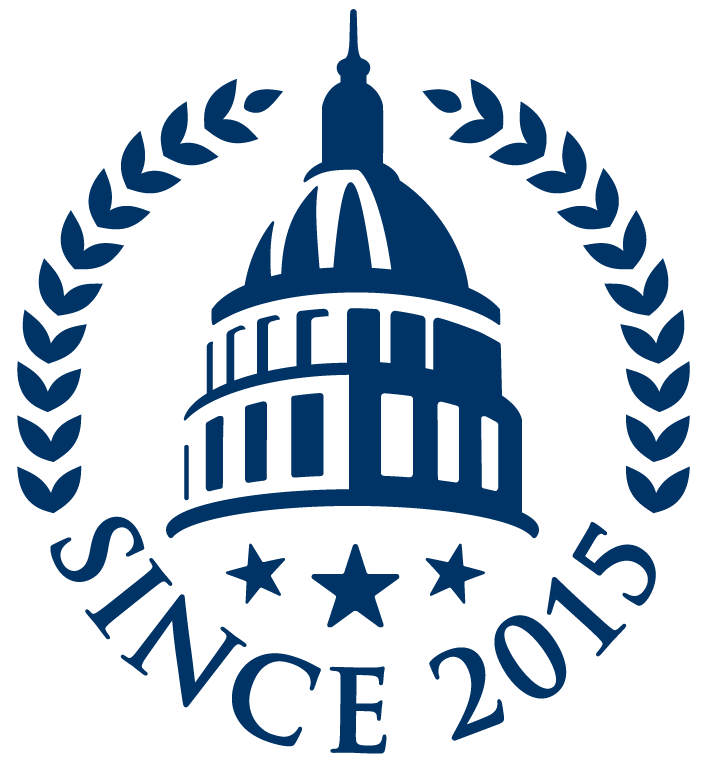 Graphic representation of a Capitol dome in dark blue with the text Since 2015;