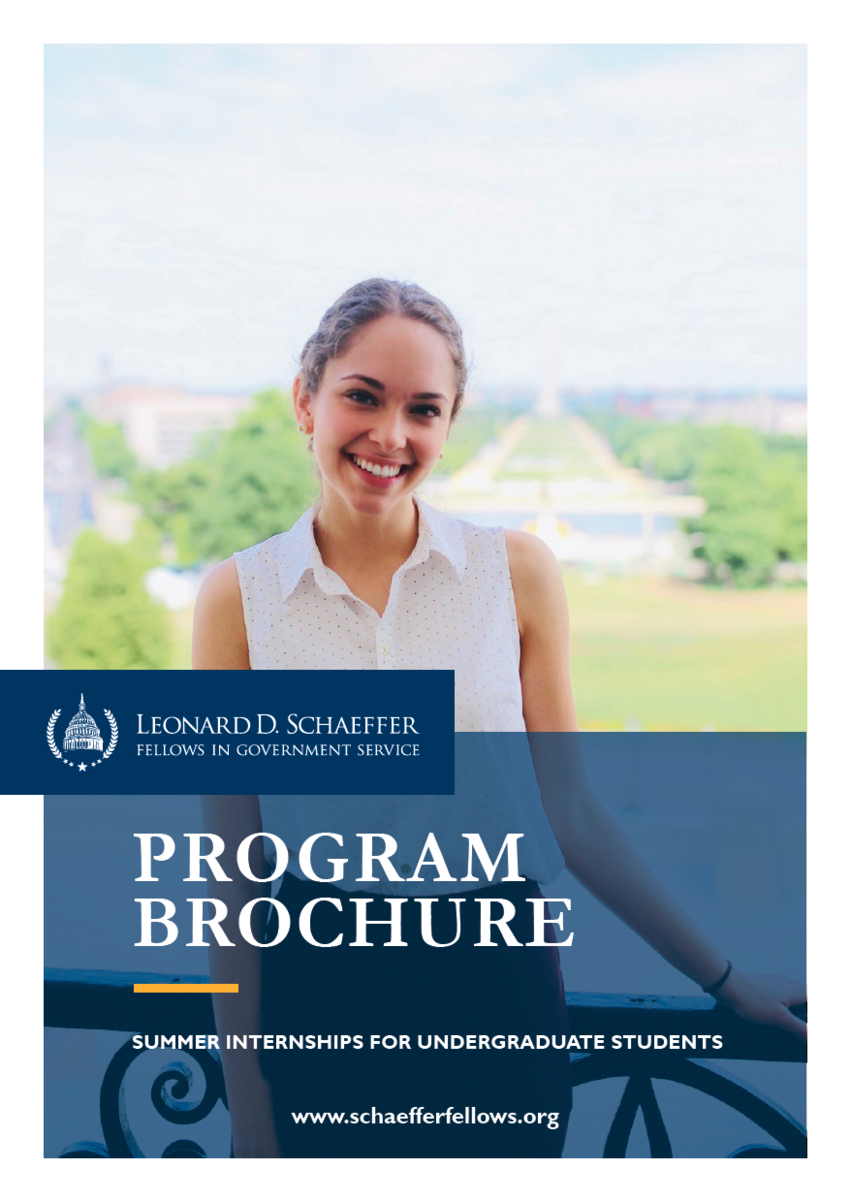 Cover page of the 2021 Schaeffer Brochure with a photo of a young women in professional clothing outside