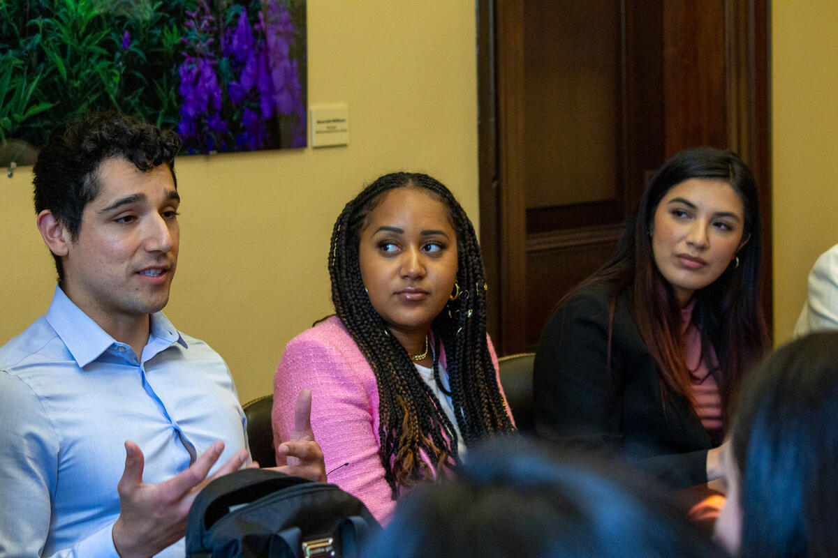 (From left) Kevin Figueroa (UC Berkeley and Matsui Center alum and Legislative Aide for Senator Michael Bennet), Tatiana Butte, and Maryln Suhey Zuno (Political Science, Comparative Ethnic Studies, ’23) at the Russell Senate Office Building