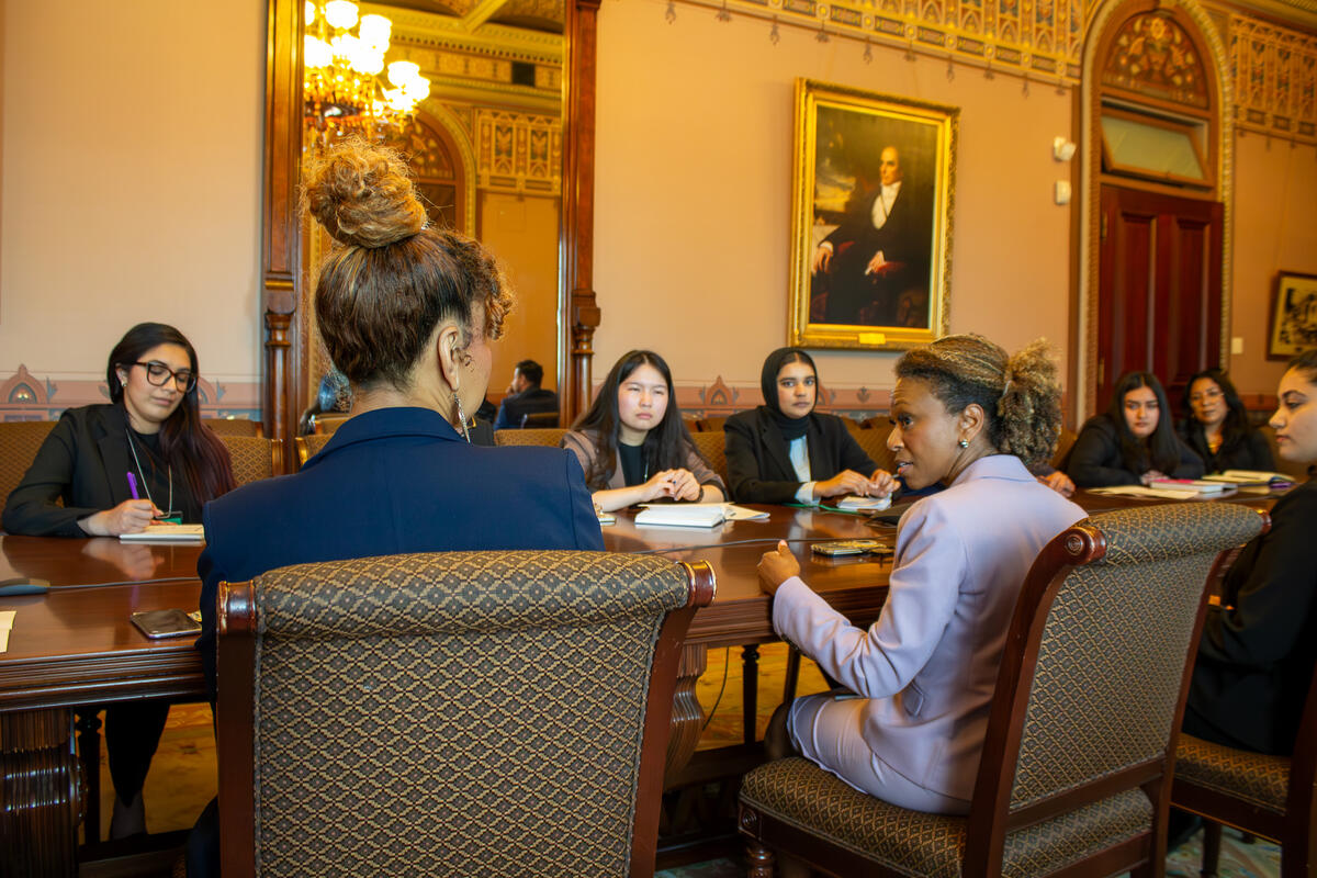 2023 Democracy Camp in DC Students meet with Acting National Cyber Director Kemba Walden at the Eisenhower Executive Office Building