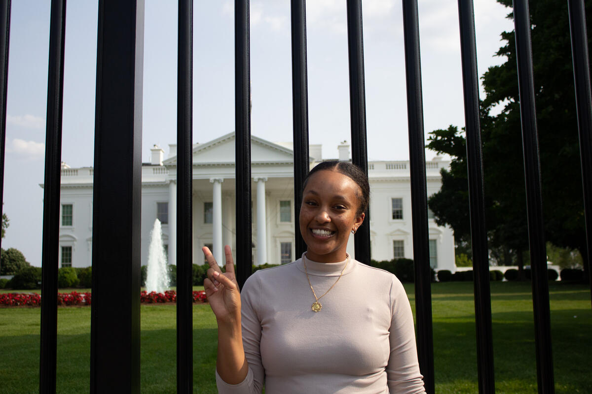 Nouhamin Leoulekal (Legal Studies, African American Studies, ’25) poses in front of the White House