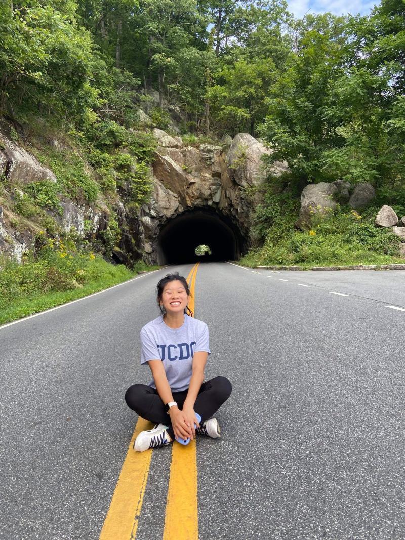 Phoebe sitting in the middle of the road in front of a tunnel surrounded by greenery 